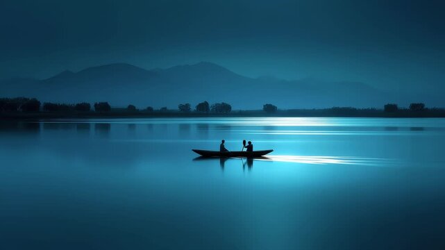 Two People Boating on a Calm Lake Heading into the Distance
