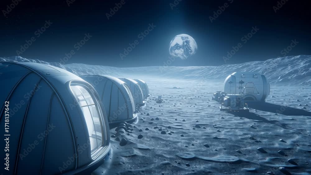 Poster advanced interconnected modular habitat complex positioned on lunar surface with transparent geodesi