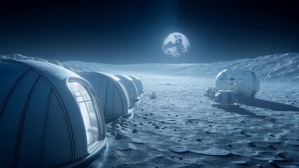 Advanced interconnected modular habitat complex positioned on lunar surface with transparent geodesic domes, featuring integrated transport vehicle against rocky terrain illuminated by earthlight. - Powered by Adobe