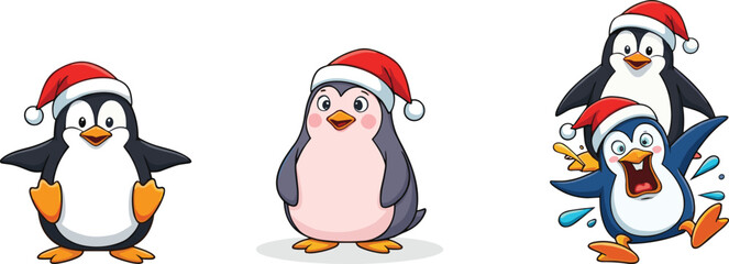 Cute cartoon penguins wearing Santa hats, Christmas holiday animals, festive winter penguin characters, funny holiday pets, happy Christmas celebration illustration