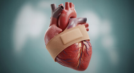 Anatomical heart model wrapped with a bandage on blue background  