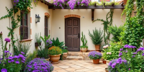 Charming mediterranean courtyard entrance with lush greenery and vibrant purple flowers