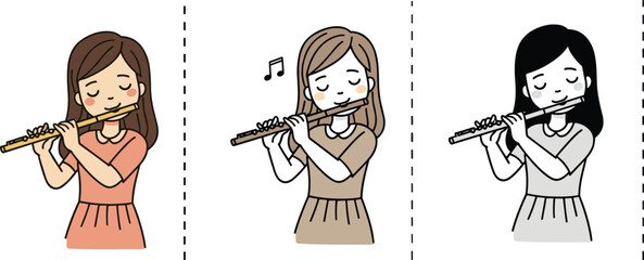 Cute girl playing flute illustration, music instrument practice, coloring book page, cartoon character design, kids musical education drawing art