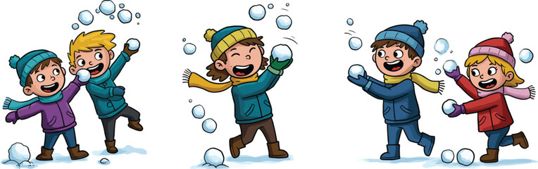 Happy kids playing snowball fight, winter children outdoor activity, fun holiday season game, snowy day cartoon illustration, friends enjoying snow