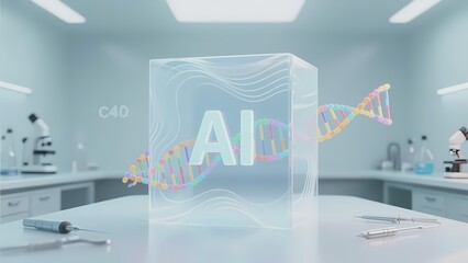 AI and DNA helix displayed in a transparent cube within a modern laboratory setting