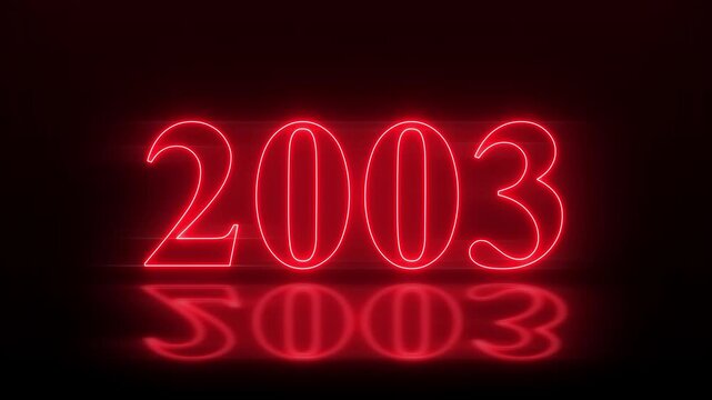 Futuristic glowing neon light 2003 Year text animation. Animated text 2003 neon glowing with reflection, Glowing neon number text background 4k video animation .Digital font against a dark background.