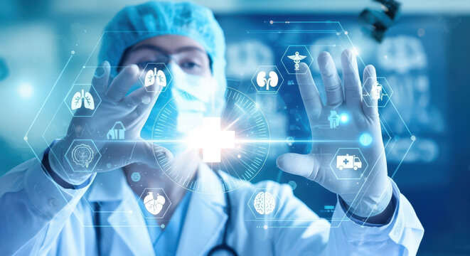 Innovative Healthcare Solutions A Doctor Interacting with Digital Medical Interface, Showcasing Technology's Role in Modern Medicine and Diagnostics with Advanced Imaging