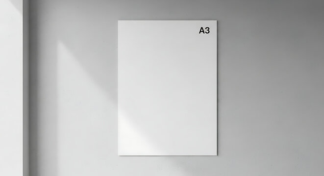 Blank A3 Paper Mock up on Light Grey Wall with Natural Shadows