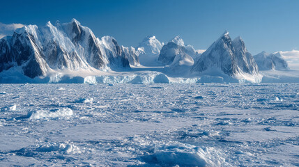 A landscape view of snow covered mountains and ice floes under a clear blue antarctic sky