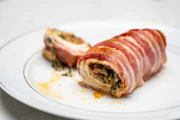 Rolled Chicken Fillet Stuffed with Vegetables and Wrapped in Bacon