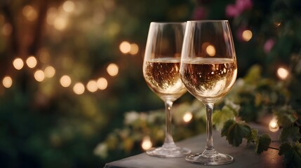 Two glasses of white wine are set against a soft background of glowing lights in a garden at twilight suggesting a celebratory occasion