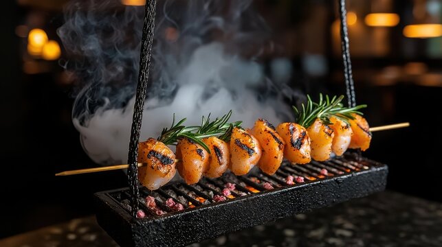 Prawn skewers with char marks and fresh rosemary on smoking grill grate in upscale dining establishment