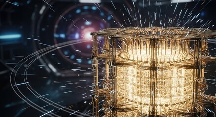 Futuristic Quantum Computer Core with Energy Burst and Light Trails