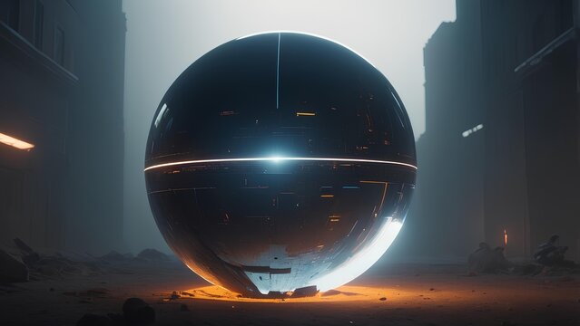 Enigmatic glowing sphere with a brilliant central light abandoned in a desolate, futuristic urban environment, evoking advanced technology and profound mystery