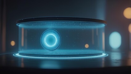 A mesmerizing blue luminous core encased within a transparent cylindrical display, symbolizing advanced energy, data visualization, or a futuristic conceptual design