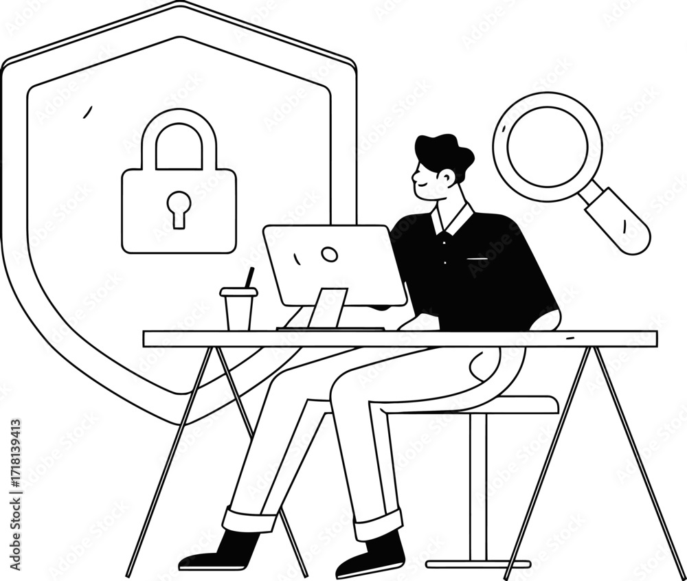 Poster confident cybersecurity professional analyzing data on computer screen with magnifying glass near di