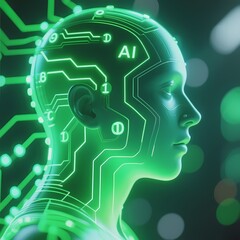 Digital human head with glowing circuitry and AI label, symbolizing artificial intelligence integration