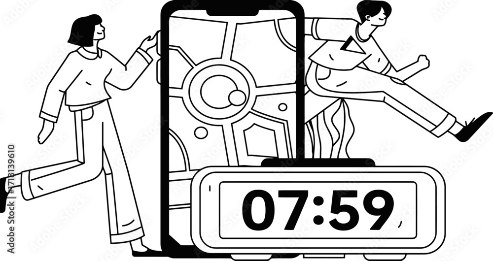 Poster dynamic duo navigates digital map on smartphone screen while alarm clock signals urgent time crunch 
