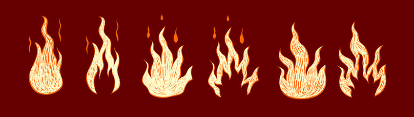 Set fire with crayon texture. Scribble flame with texture. Vector illustration