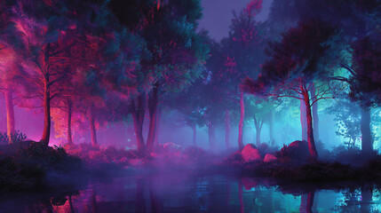 A dreamy forest landscape featuring trees illuminated with pink and blue neon lights and a misty lake