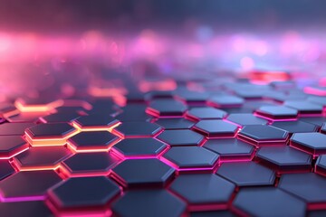 Fototapeta premium Futuristic abstract background of glowing hexagons with vibrant neon light.