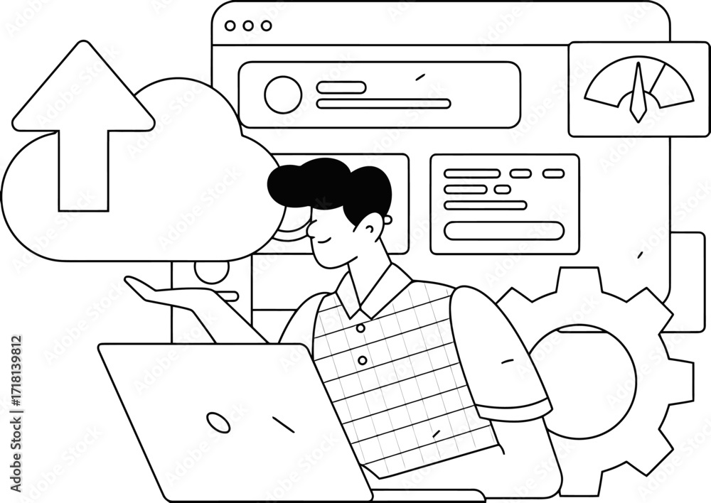 Poster confident professional orchestrates seamless cloud data upload and system optimization with laptop a