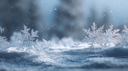 Close up of snowflakes on a snowy surface with a blurred background in shades of blue and white