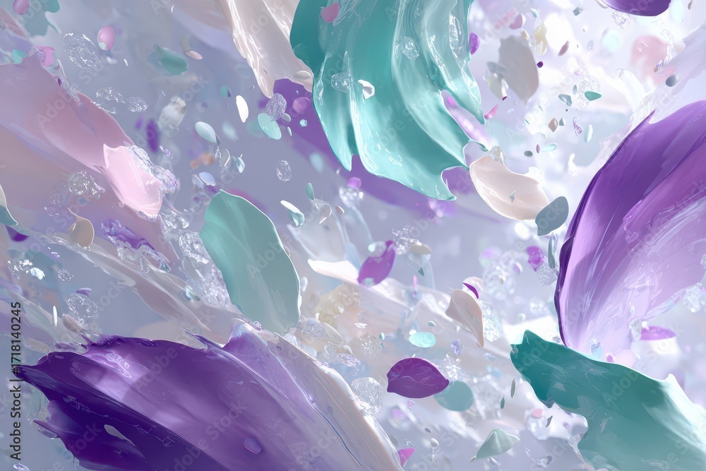 Poster abstract pastel fluid shapes with sparkling crystal elements in a dreamy flow.