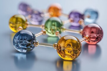 Vibrant molecular structure with colorful glass spheres, representing science and technology.