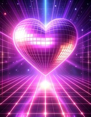 Heart-shaped disco ball in a vibrant retro space