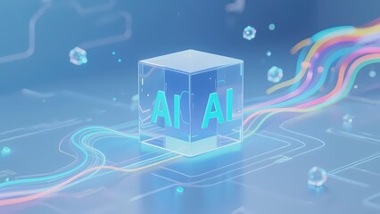 Digital illustration of a transparent cube with AI text, surrounded by colorful data streams and circuit patterns on a blue background.
