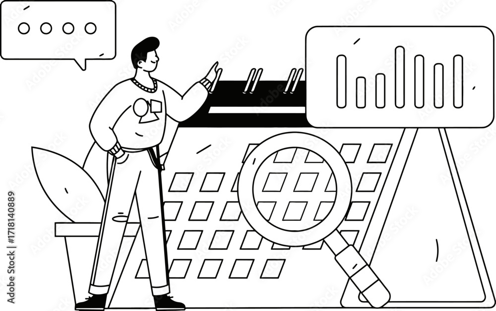Poster dynamic business analyst reviewing financial charts and calendar data with a magnifying glass, symbo