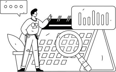 Dynamic business analyst reviewing financial charts and calendar data with a magnifying glass, symbolizing strategic planning and data analysis for growth