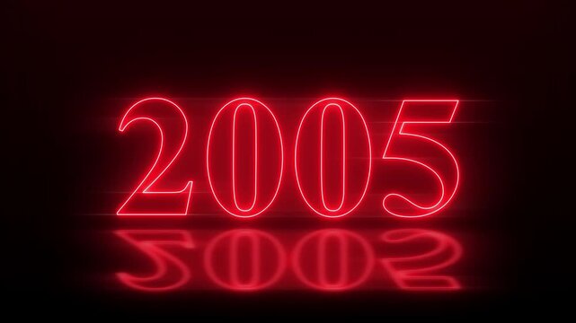 Futuristic glowing neon light 2005 Year text animation. Animated text 2005 neon glowing with reflection, Glowing neon number text background 4k video animation .Digital font against a dark background.