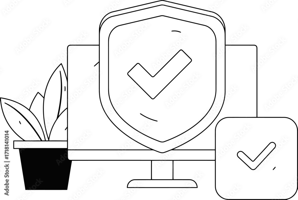 Poster digital security shield with checkmark on computer screen and notification icon, representing online