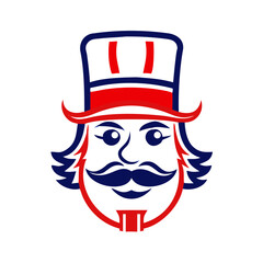 Nutcracker character icon with top hat and mustache in patriotic colors for Christmas theme