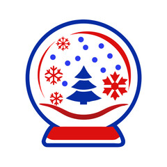 Snow globe icon with Christmas tree and snowflakes in red and blue design 