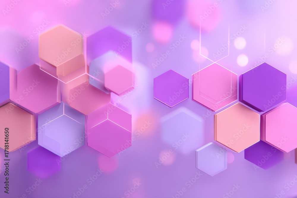 Poster modern abstract background with colorful 3d hexagons in pink and purple tones and bokeh