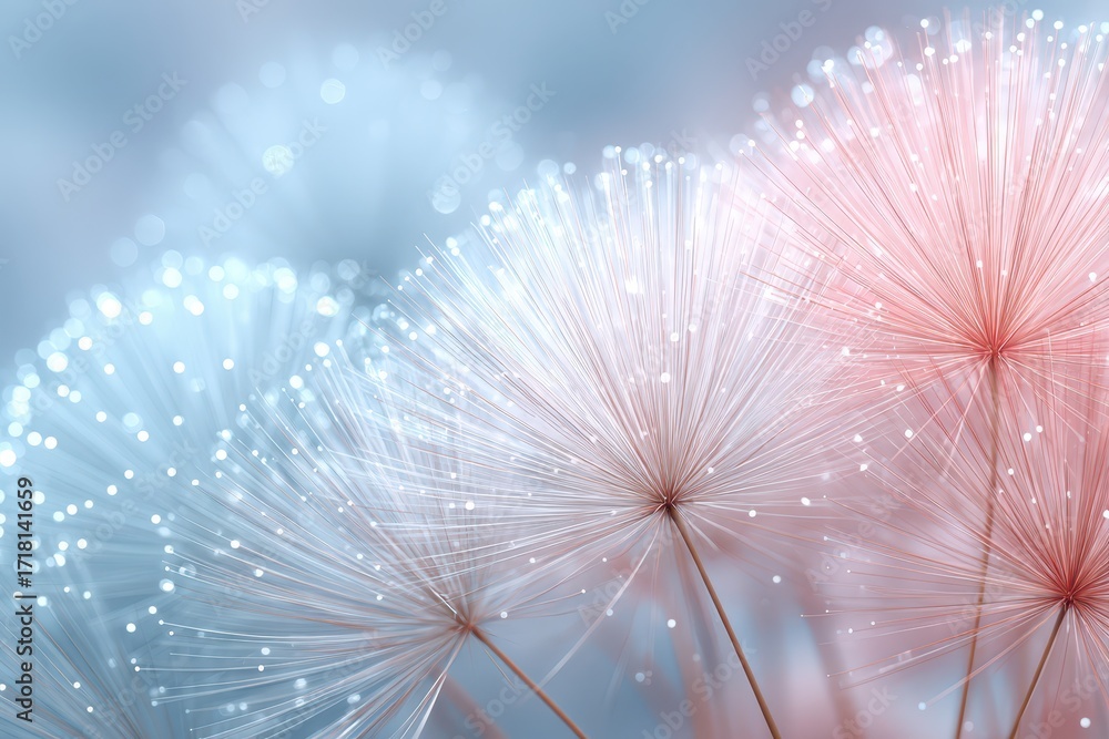 Poster an ethereal close-up of dandelion seed heads against a soft, diffused background, creating a dreamy 