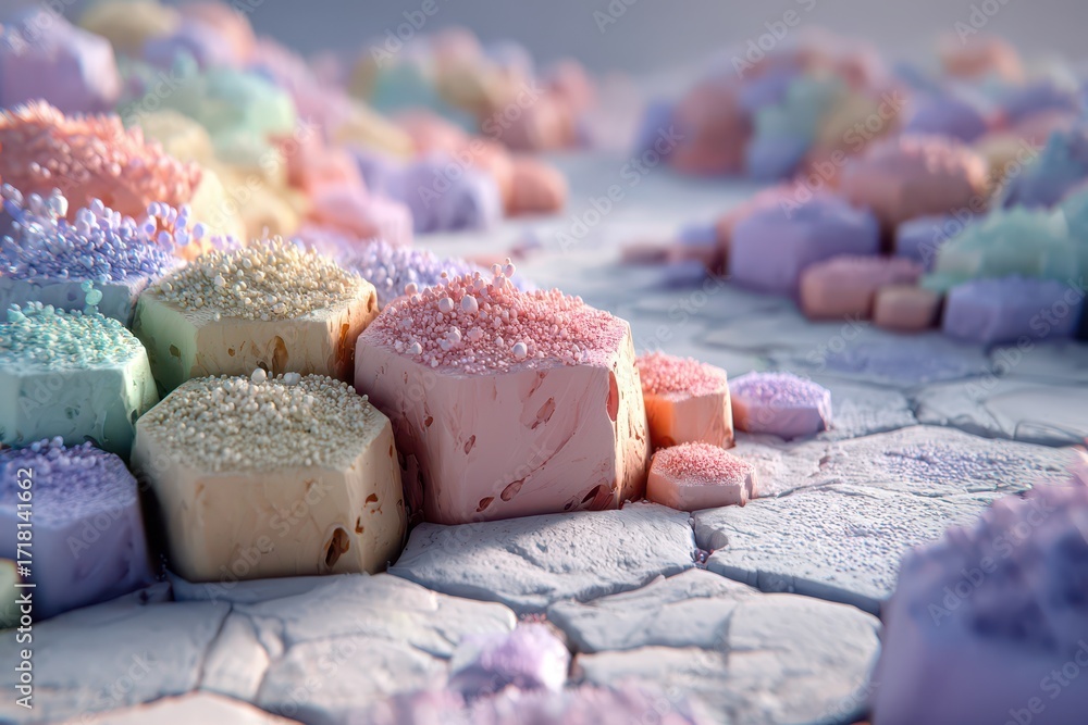 Poster soft pastel colored porous hexagonal blocks with granular texture, close-up abstract view.