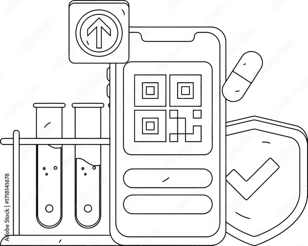 Poster secure digital health pass on smartphone with qr code scanning and lab tests, representing modern me