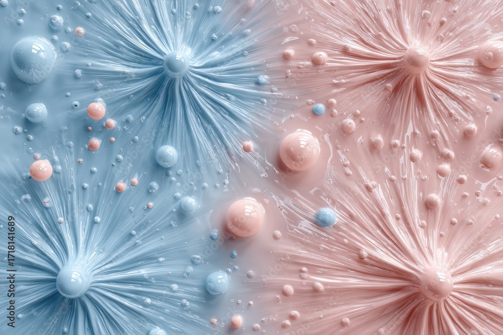 Aufkleber an abstract background with spheres and radial lines in pastel pink and blue colors, creates a calmi