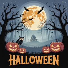 Halloween retro poster with glowing pumpkins, haunted forest, and moonlit sky