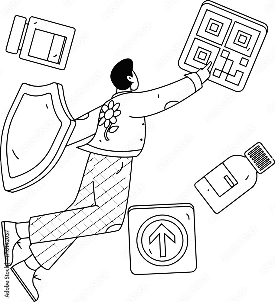 Aufkleber confident person leaps forward, holding shield and qr code, symbolizing secure digital access and fo
