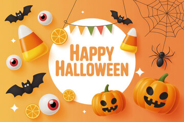 Halloween candy background with bold Happy Halloween circle and festive bunting
