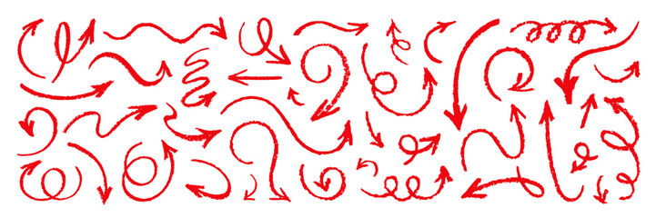 Arrow crayon. Red line arrows. Hand drawn pencil mark. Check brush chalk or pen emphasis. Underline red color stroke set. Marker crayon doodle set. Sketch handwritten element. Highlight vector sign bg