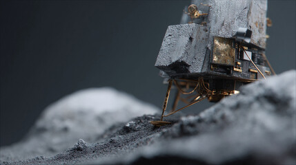 Striking closeup of a spacecraft landing module on a stark, rocky surface. Evokes exploration, technology, space travel. Perfect for scifi, innovation, future themes.