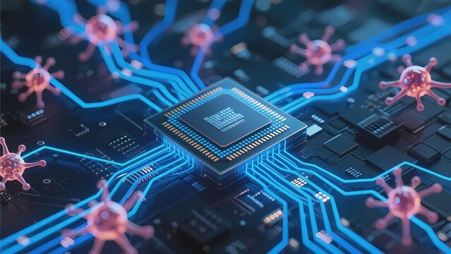 Microchip with virus particles on circuit board, illustrating cybersecurity or biotechnology concept