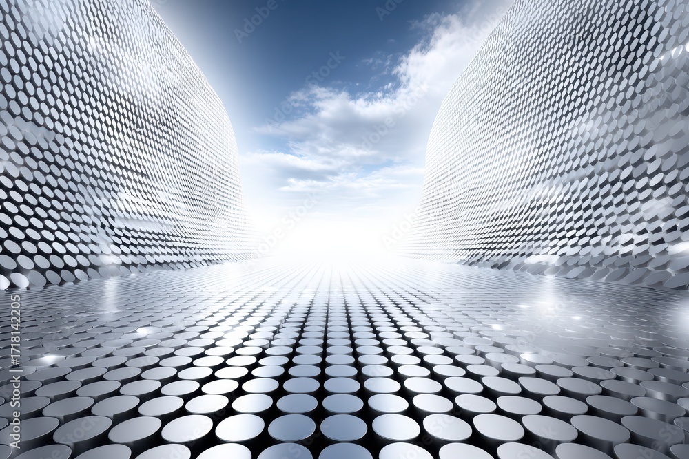 Poster modern architecture with repeating circular pattern on silver metal surfaces, converging on a sky wi