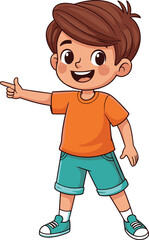 Cartoon boy smiling and pointing left with cheerful expression, wearing orange shirt and teal shorts, isolated on white background, vector illustration